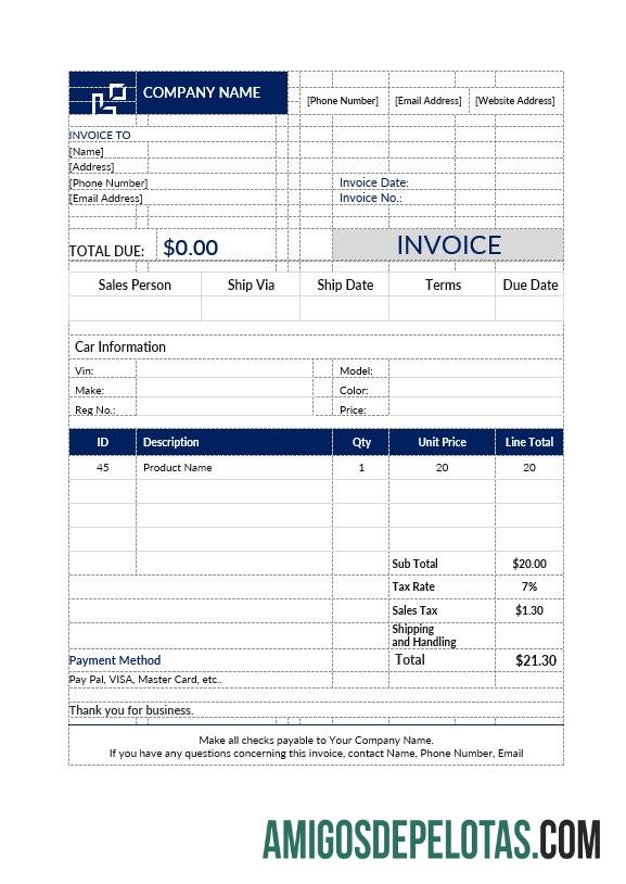 em branco Modelo de fatura de vendas de automóveis